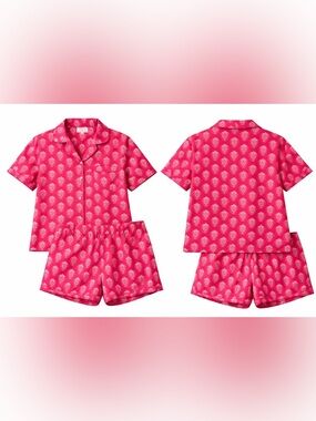 Crafted by Mahogany 100% Cotton Pink Lotus Pajama Short Set Button Down Womens M